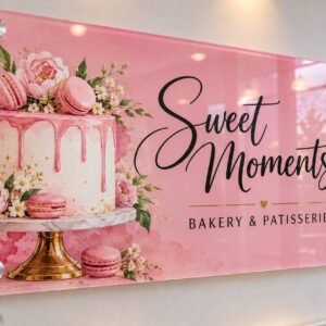 Pink Sweet Moments bakery logo panel with cake artwork, flowers and corner standoffs.