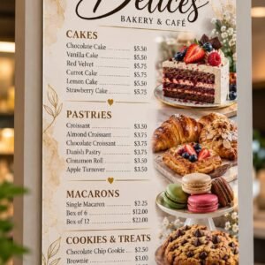 Cream and gold portrait bakery menu board with cake, pastry and macaron images and gold corner mounts