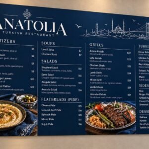 Illustrative blue Anatolia restaurant acrylic menu board with gold text, food photographs and corner standoffs