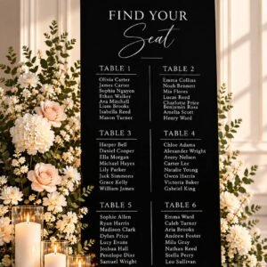 A single black rectangular wedding seating chart with printed white text beside wedding flowers and candles; exact size is not labelled.