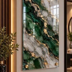 Green, gray and gold marble-pattern glass wall art shown with four gold mounting standoffs