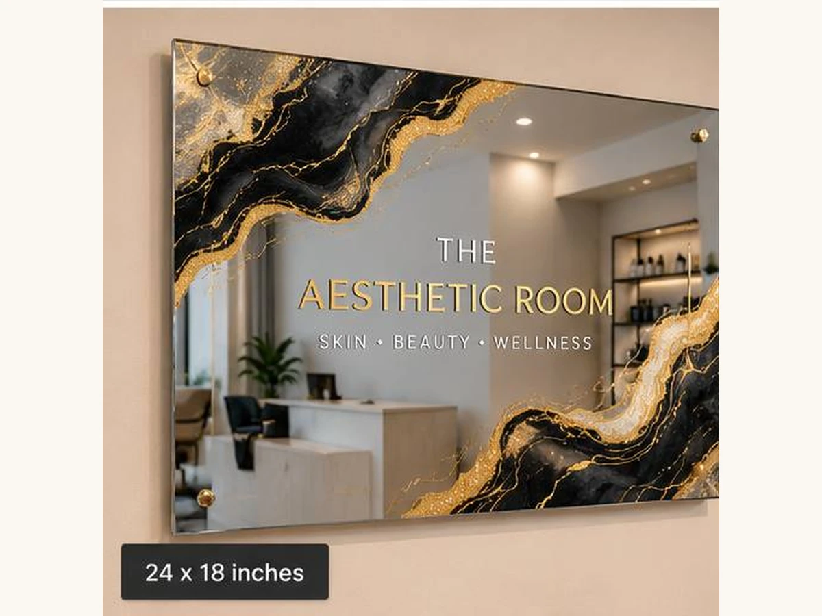 Illustrative aesthetic clinic mirror sign with black, grey and gold-tone marble artwork