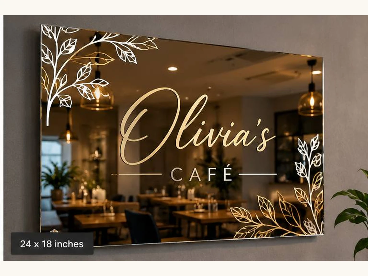Illustrative Olivia's Cafe mirror sign with gold-tone script and white botanical corner artwork