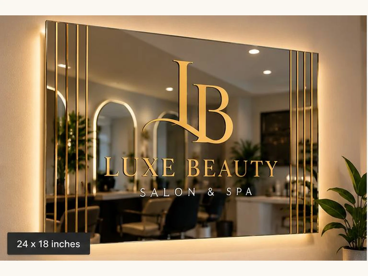 Illustrative Luxe Beauty salon and spa mirror logo with gold-tone lettering and border details