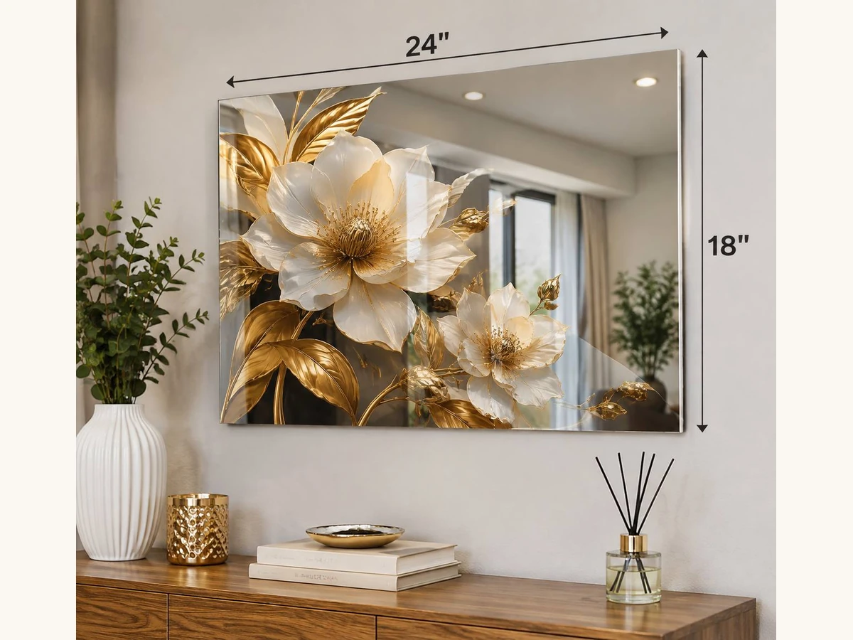 Illustrative glass mirror wall art with white flowers, gold-tone leaves and a 24 by 18 inch landscape size example