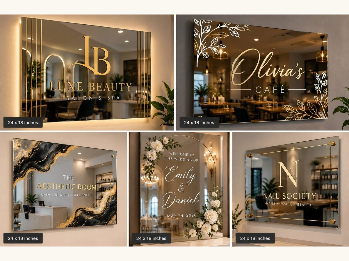Collection of illustrative printed glass mirror designs for salons, a cafe, a clinic and a wedding