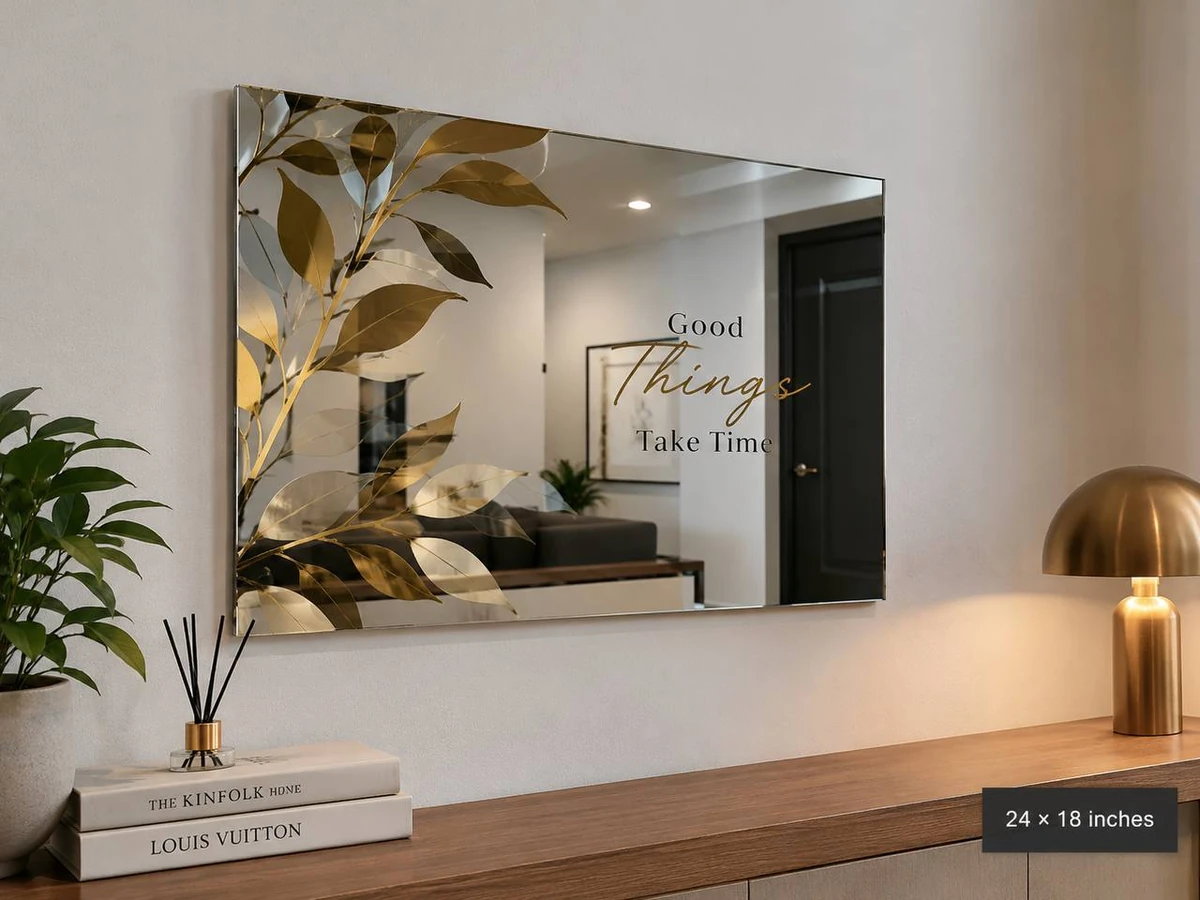 Real glass mirror with gold-tone botanical artwork and the words Good Things Take Time
