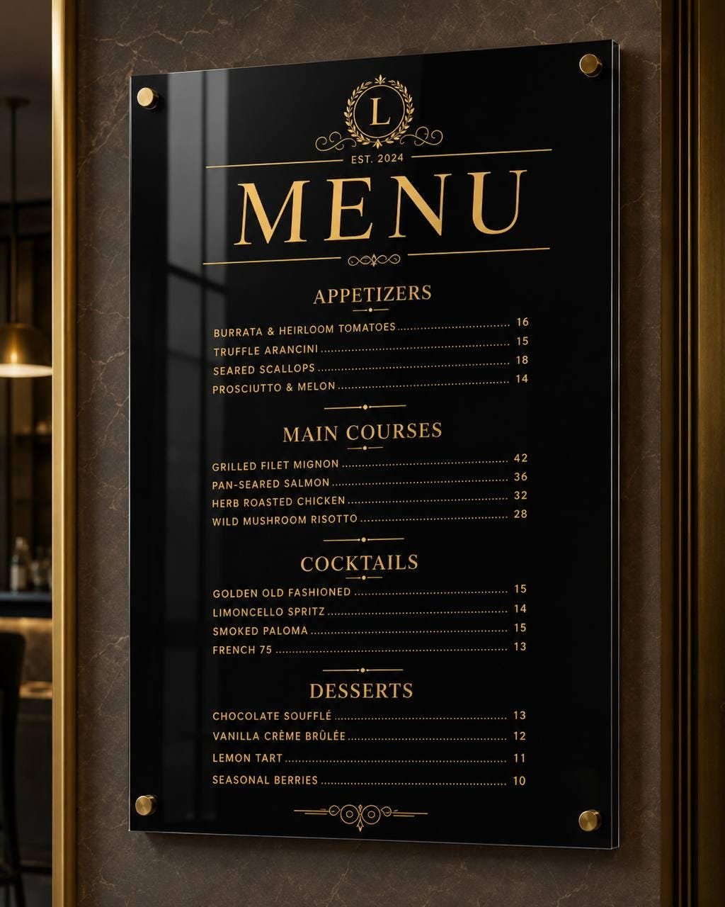 Illustrative example 4 of a custom acrylic restaurant menu board.