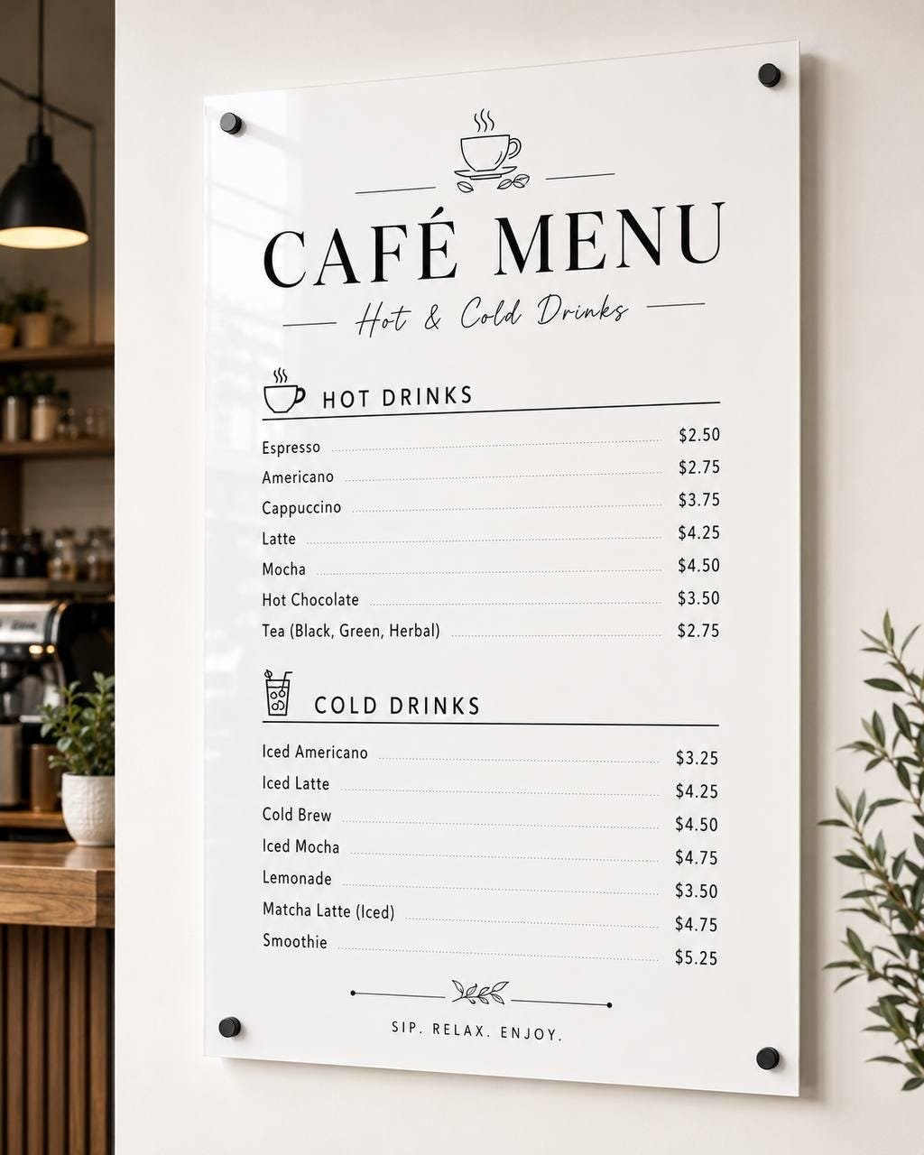 Illustrative example 2 of a custom acrylic restaurant menu board.