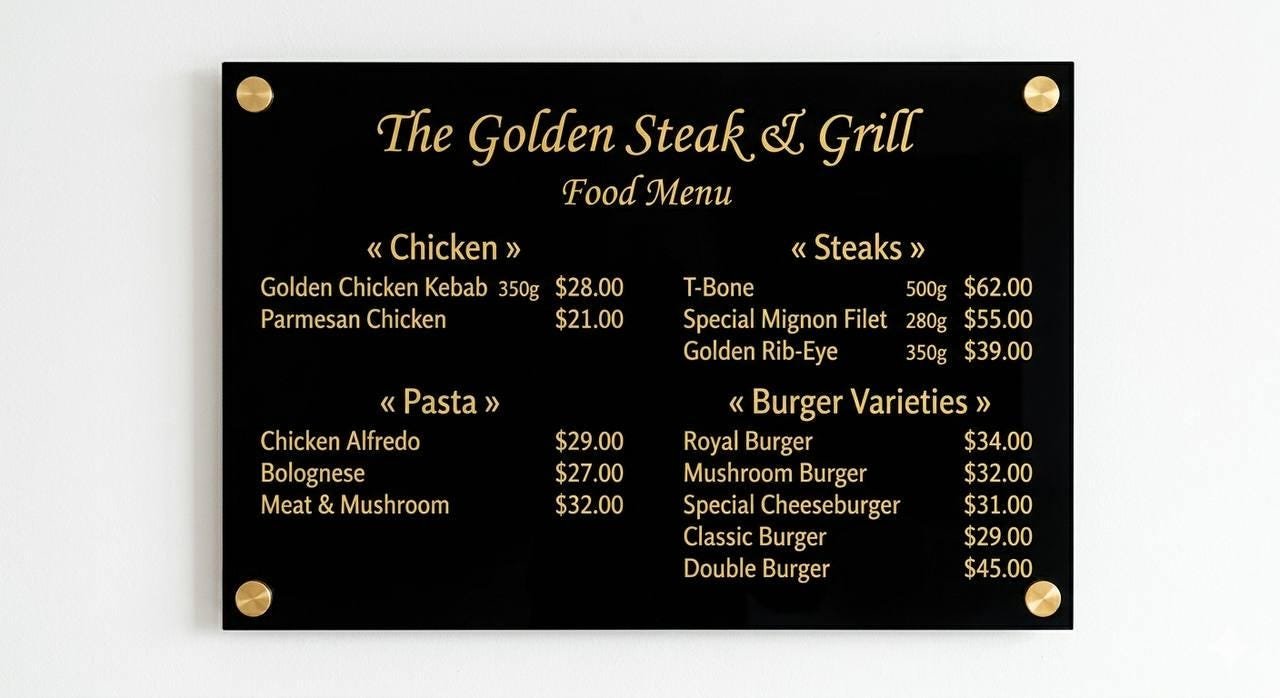Illustrative example 5 of a custom acrylic restaurant menu board.