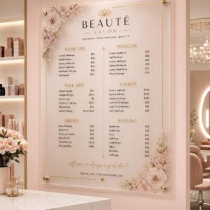 Illustrative example 1 of a custom acrylic salon price list board.