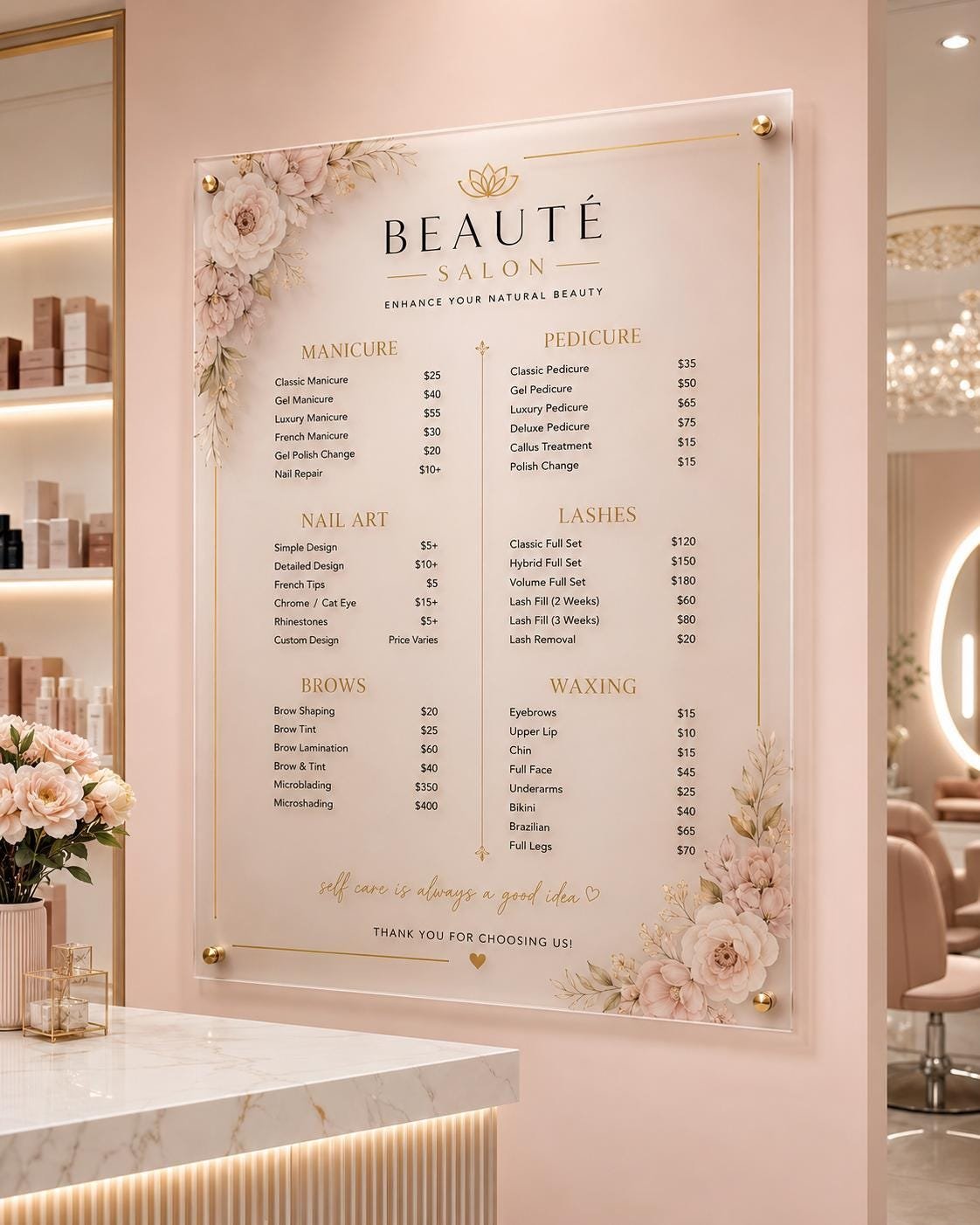 Illustrative example 1 of a custom acrylic salon price list board.