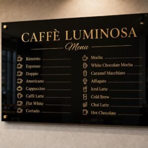 Illustrative example 1 of a custom acrylic cafe and restaurant menu sign.