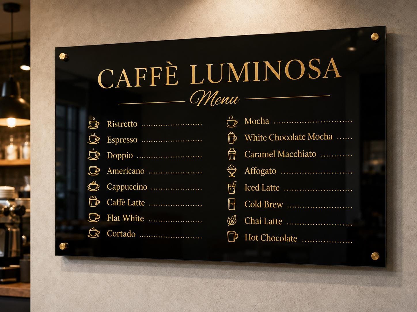 Illustrative example 1 of a custom acrylic cafe and restaurant menu sign.