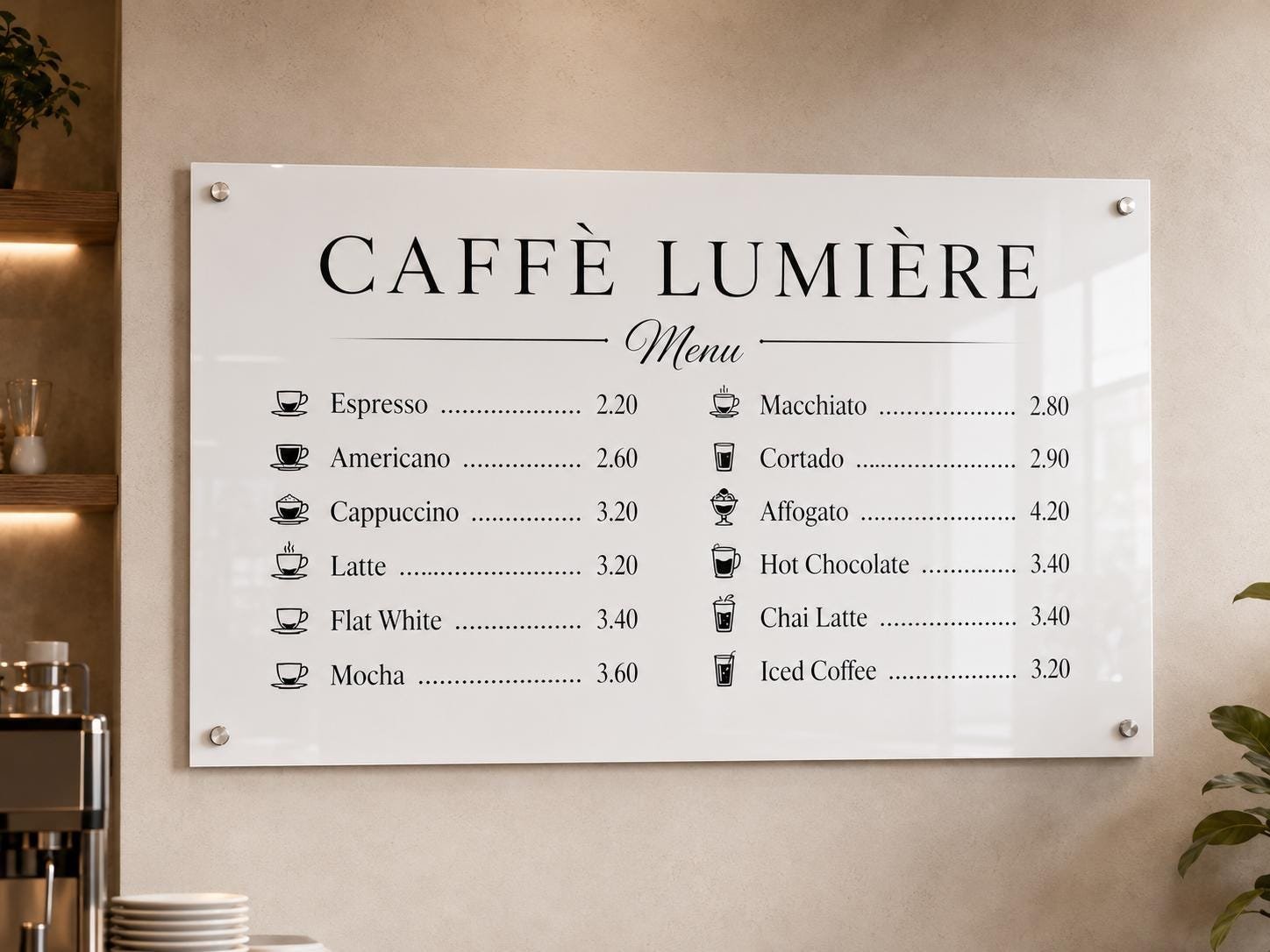 Illustrative example 3 of a custom acrylic cafe and restaurant menu sign.