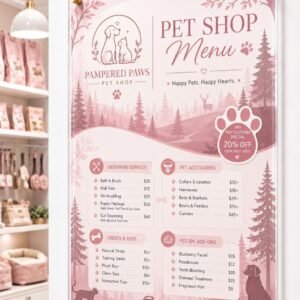 Illustrative example 1 of a custom acrylic pet grooming menu sign.
