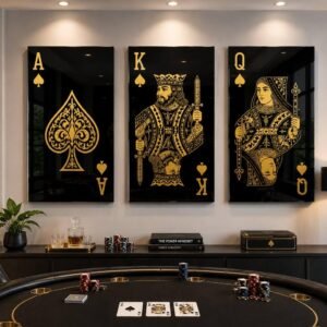 Illustrative room mockup showing black and gold playing-card acrylic wall art in a three-card arrangement.