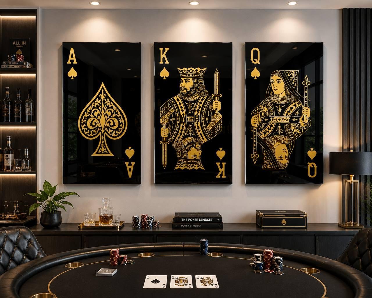 Illustrative room mockup showing black and gold playing-card acrylic wall art in a three-card arrangement.