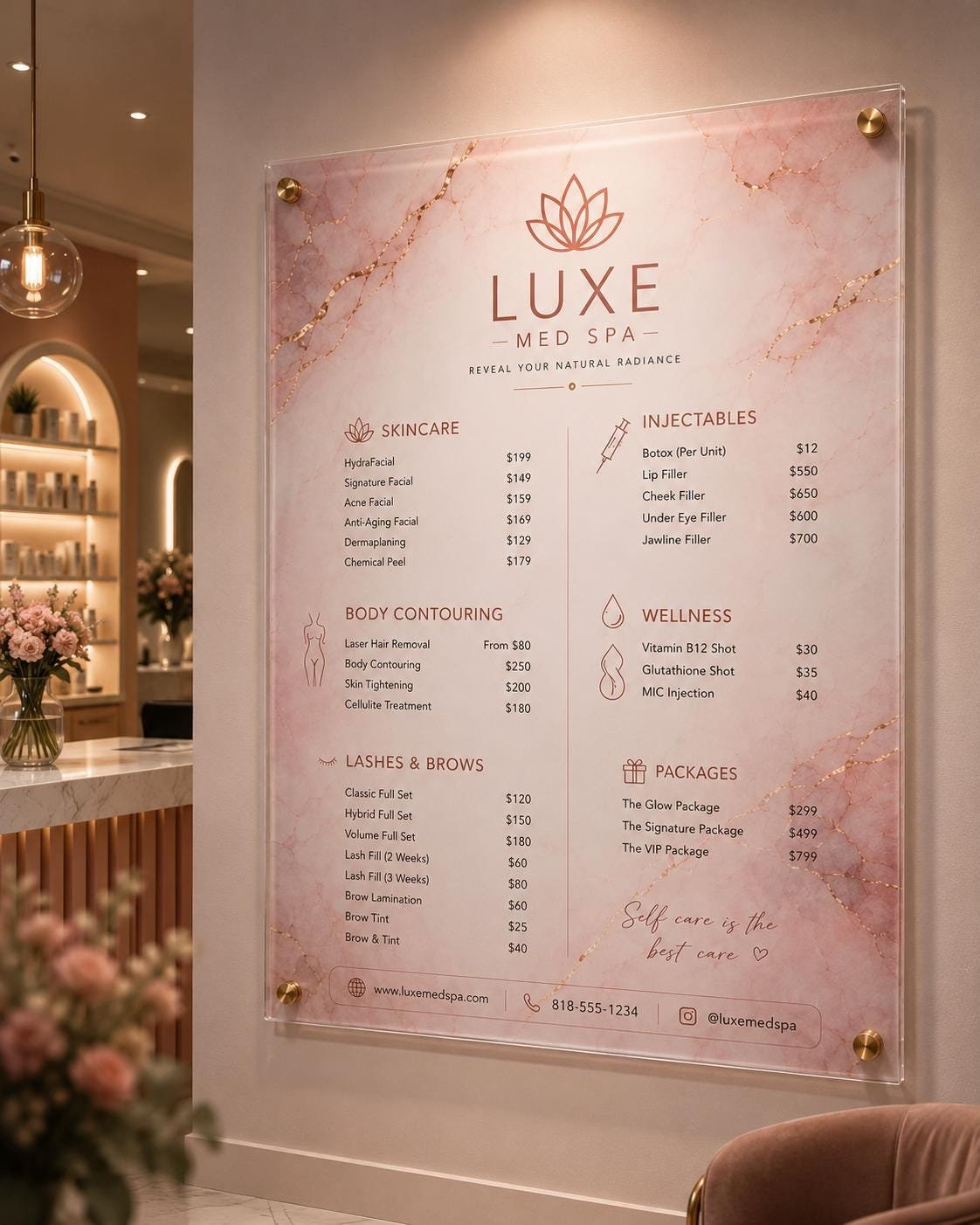 Illustrative example 1 of a marble acrylic spa price list sign.