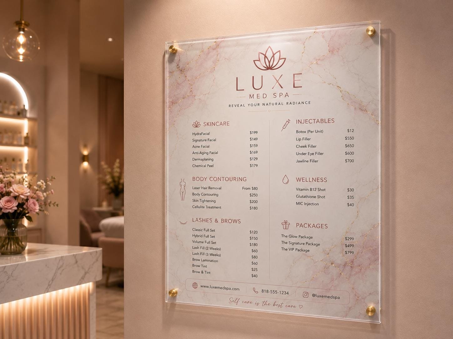 Illustrative example 6 of a marble acrylic spa price list sign.
