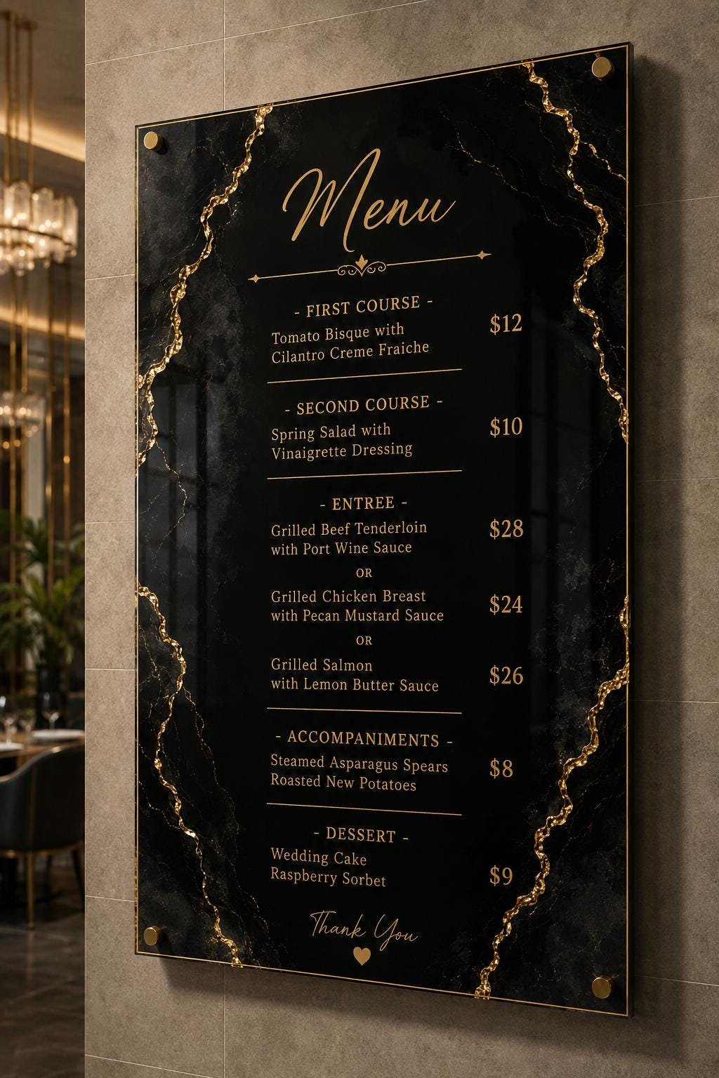 Illustrative example 1 of a marble-design acrylic price list board.