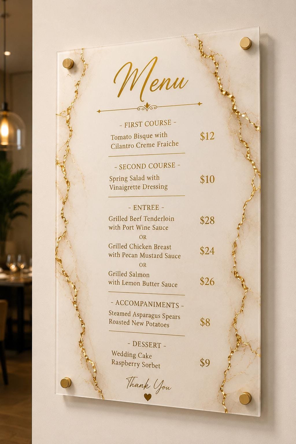 Illustrative example 5 of a marble-design acrylic price list board.