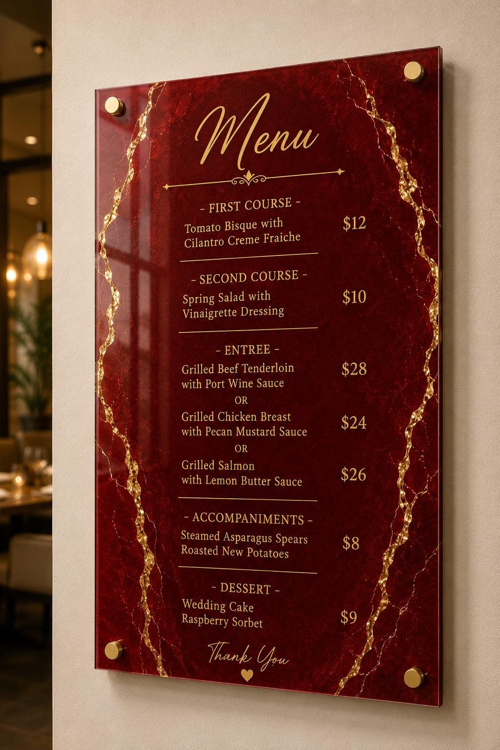 Illustrative example 6 of a marble-design acrylic price list board.