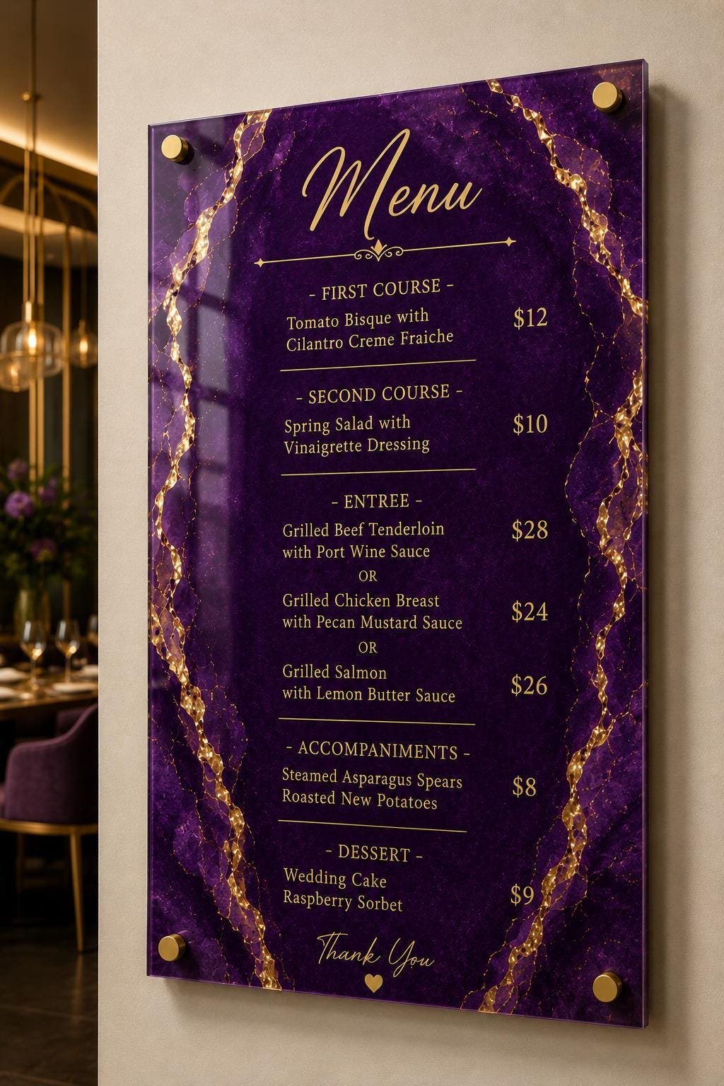 Illustrative example 9 of a marble-design acrylic price list board.
