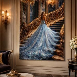 Illustrative room mockup featuring a woman in a blue gown beside a staircase.