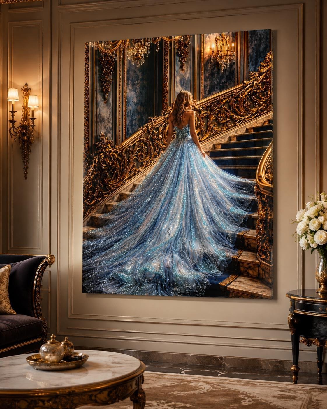 Illustrative room mockup featuring a woman in a blue gown beside a staircase.