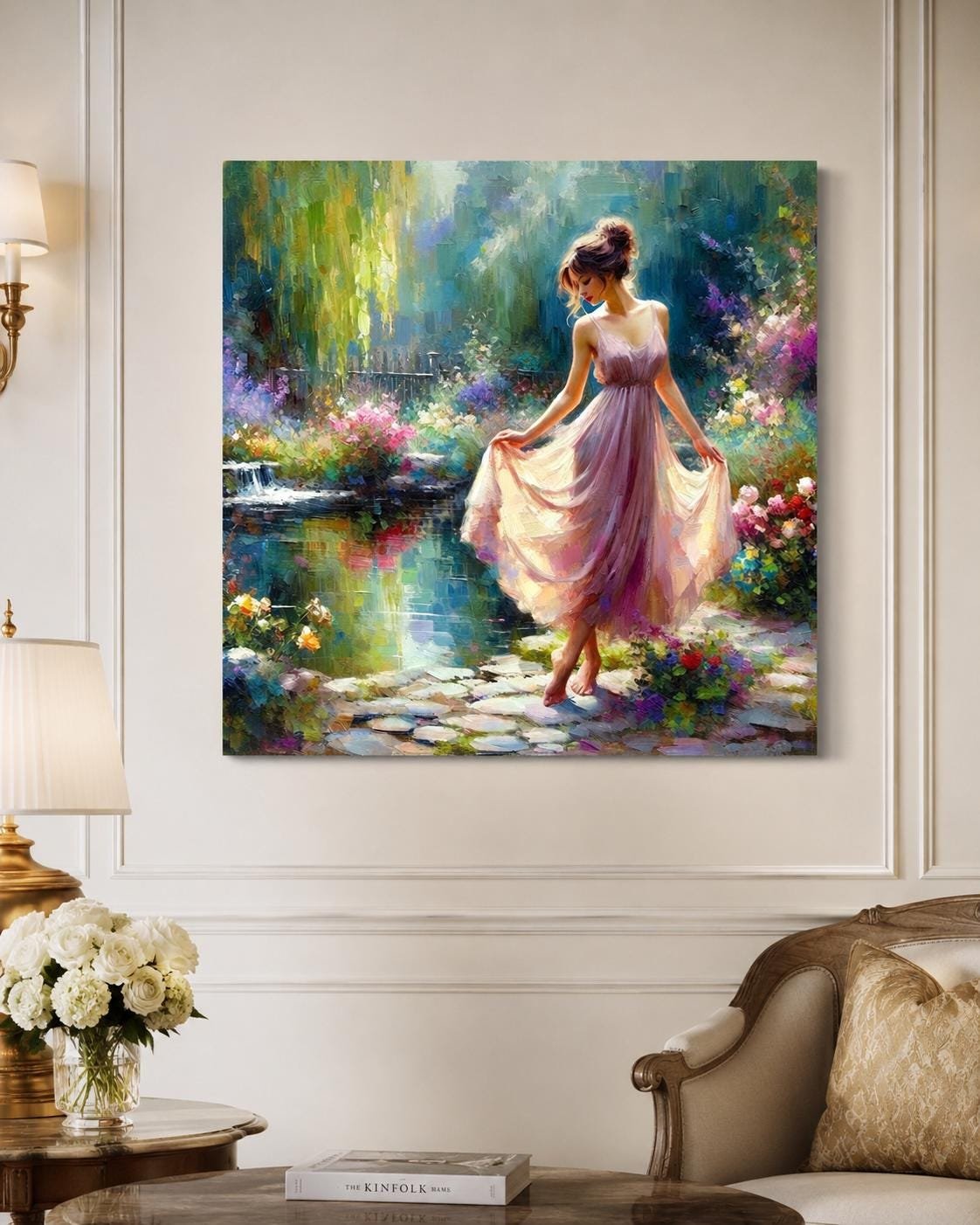 Illustrative room mockup featuring a woman in a pink dress beside a garden pond, colourful flowers and greenery.