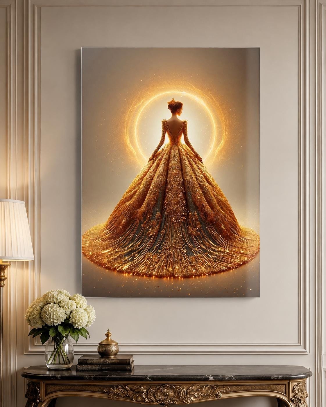 Illustrative room mockup featuring a woman in a golden gown surrounded by a glowing circular halo.