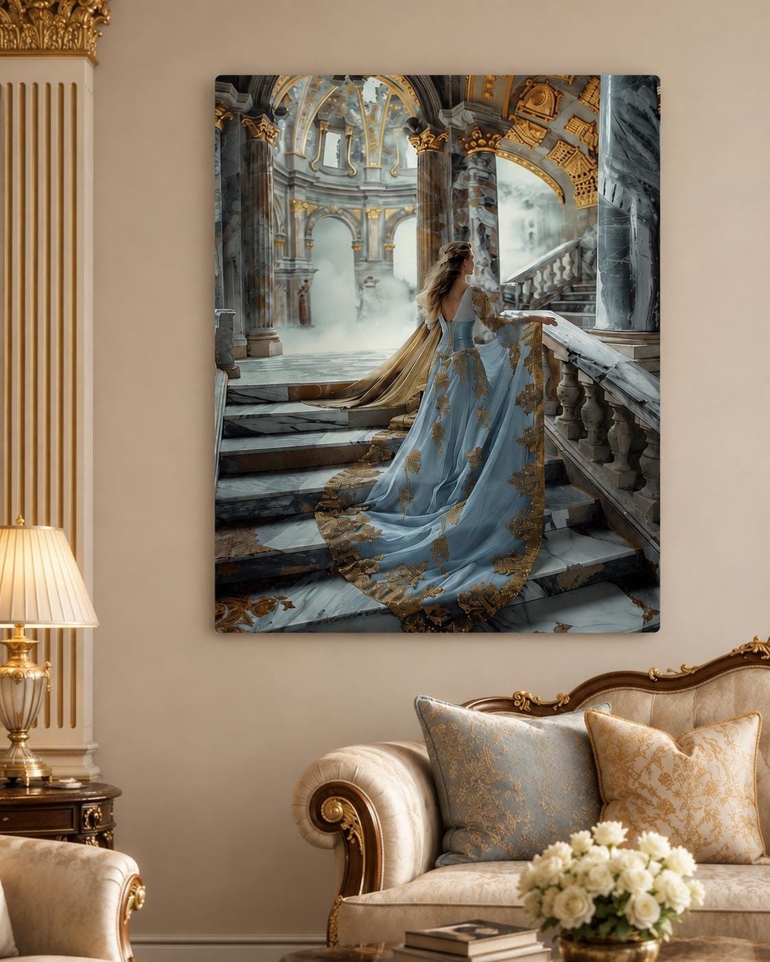 Illustrative room mockup featuring a woman in a blue gown on a grey marble staircase within a grand stone hall.