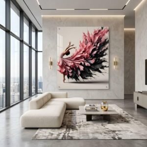 Illustrative room mockup of pink and black ballerina acrylic wall art.