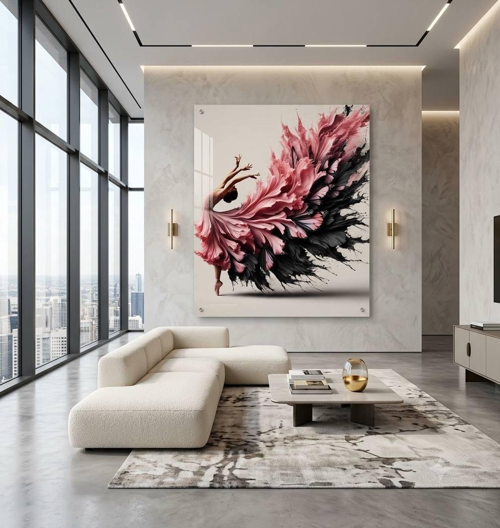 Illustrative room mockup of pink and black ballerina acrylic wall art.