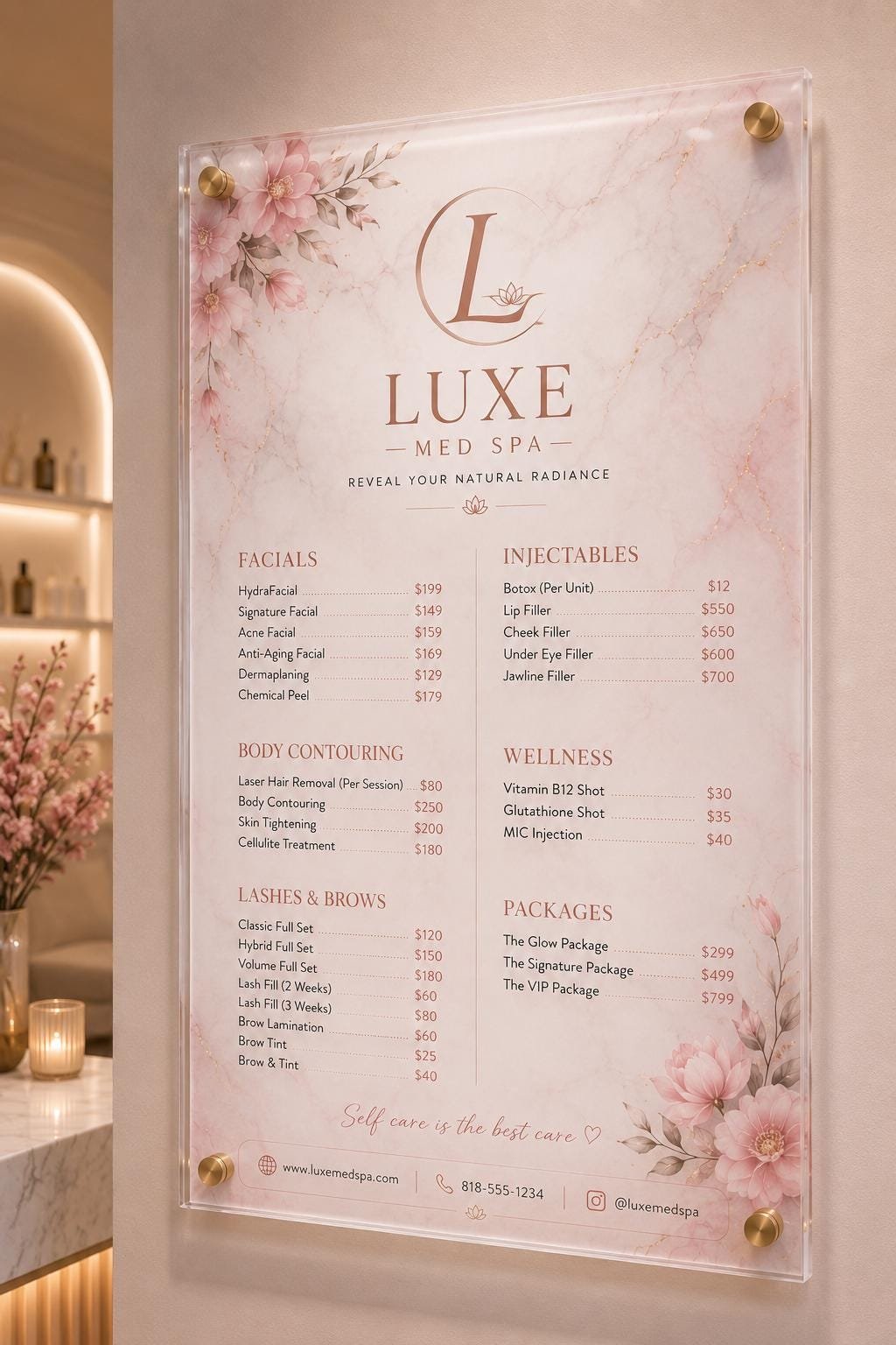 Illustrative example 3 of a marble acrylic spa price list sign.