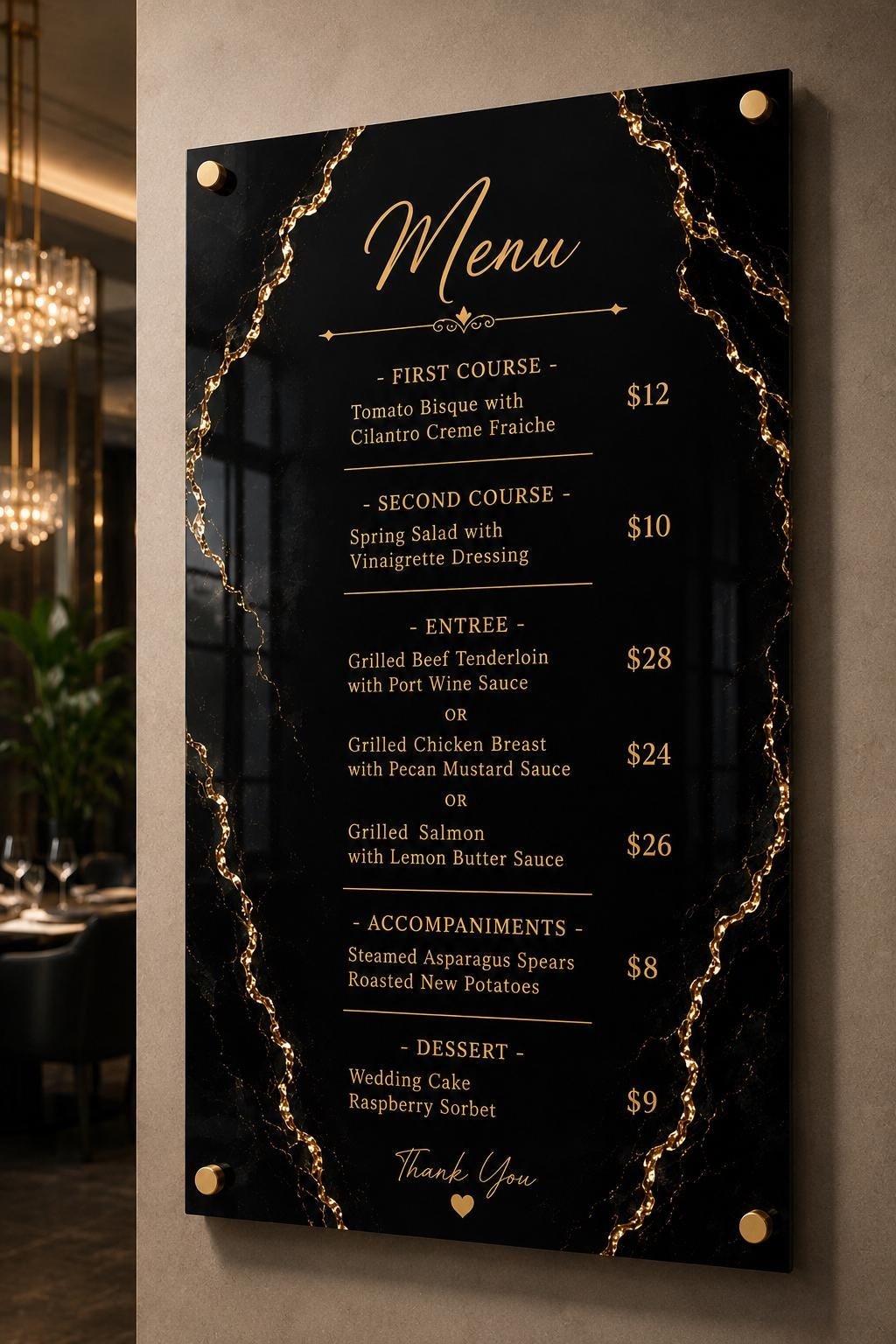 Illustrative example 7 of a marble-design acrylic price list board.