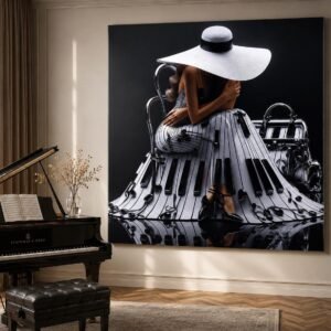 Illustrative room mockup featuring piano-inspired artwork with a woman in a white hat.