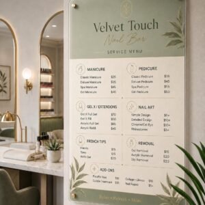 Illustrative example 1 of a custom acrylic nail salon menu sign.