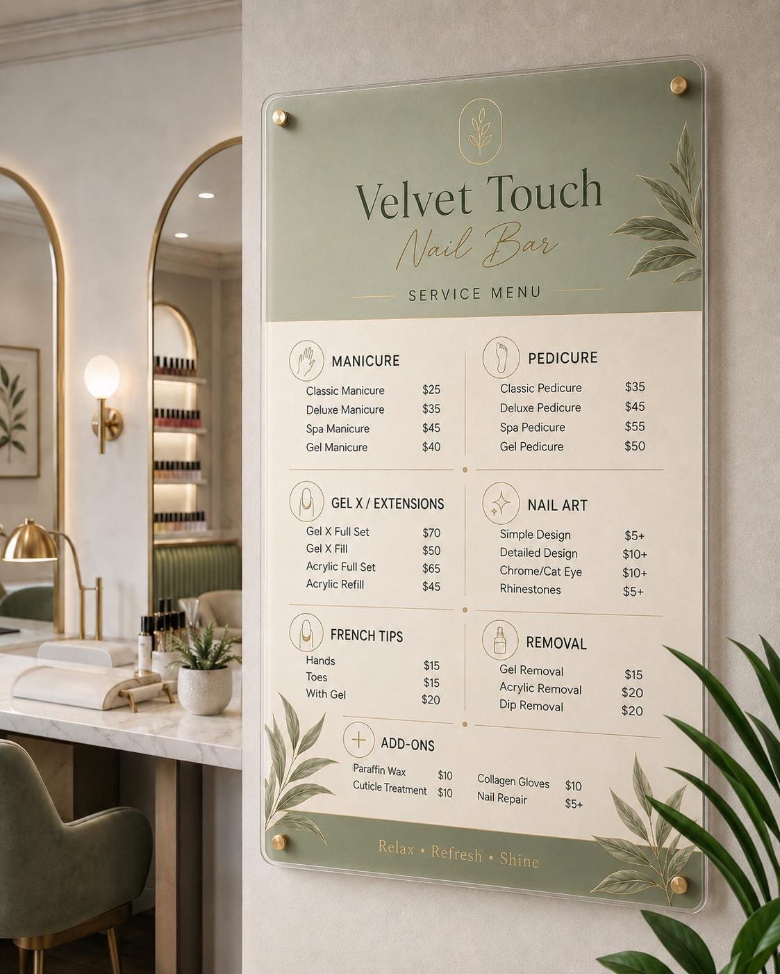 Illustrative example 1 of a custom acrylic nail salon menu sign.