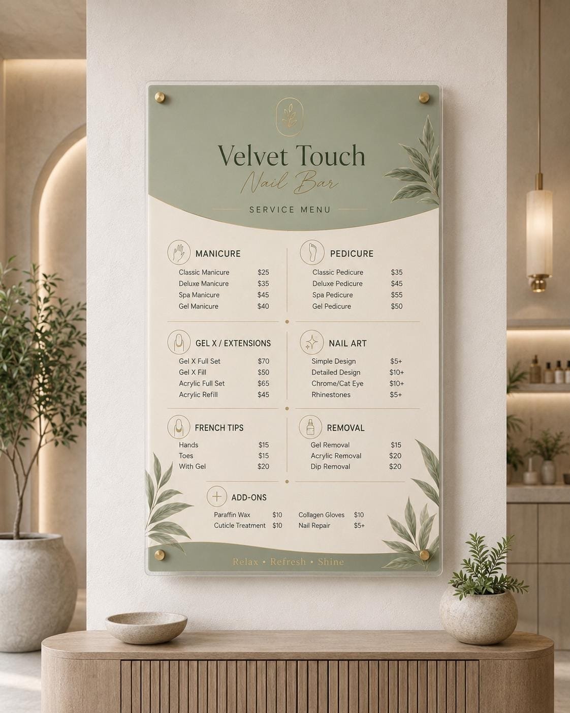 Illustrative example 2 of a custom acrylic nail salon menu sign.