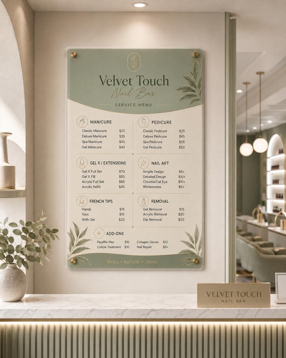 Illustrative example 10 of a custom acrylic nail salon menu sign.