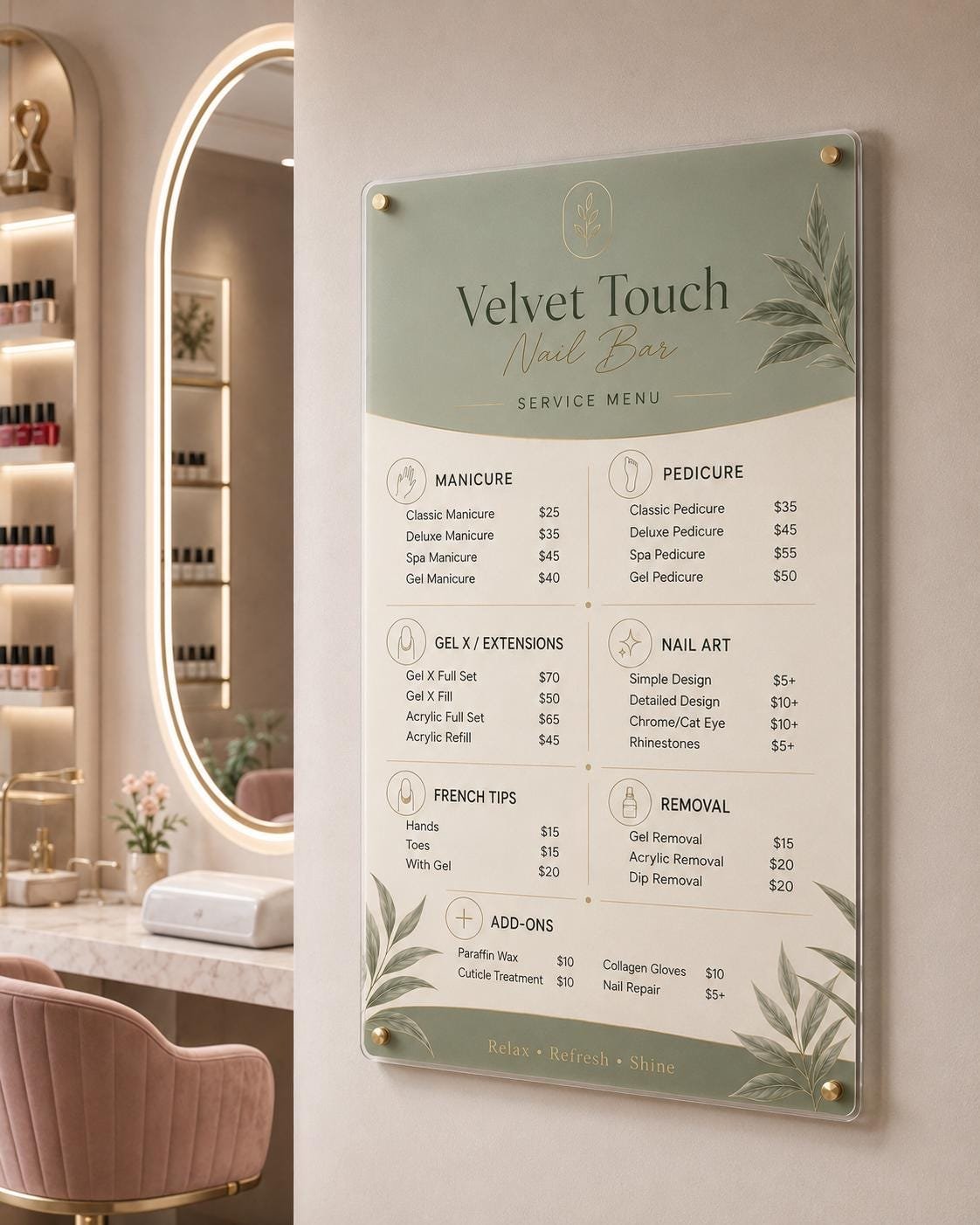 Illustrative example 4 of a custom acrylic nail salon menu sign.