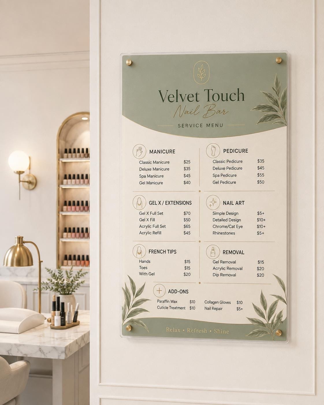 Illustrative example 8 of a custom acrylic nail salon menu sign.