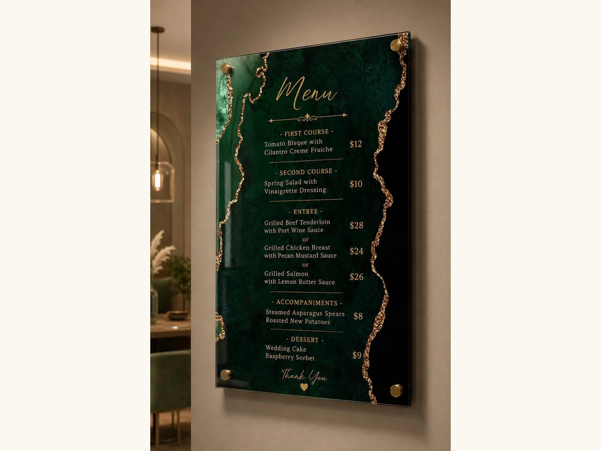 Green and gold restaurant menu board