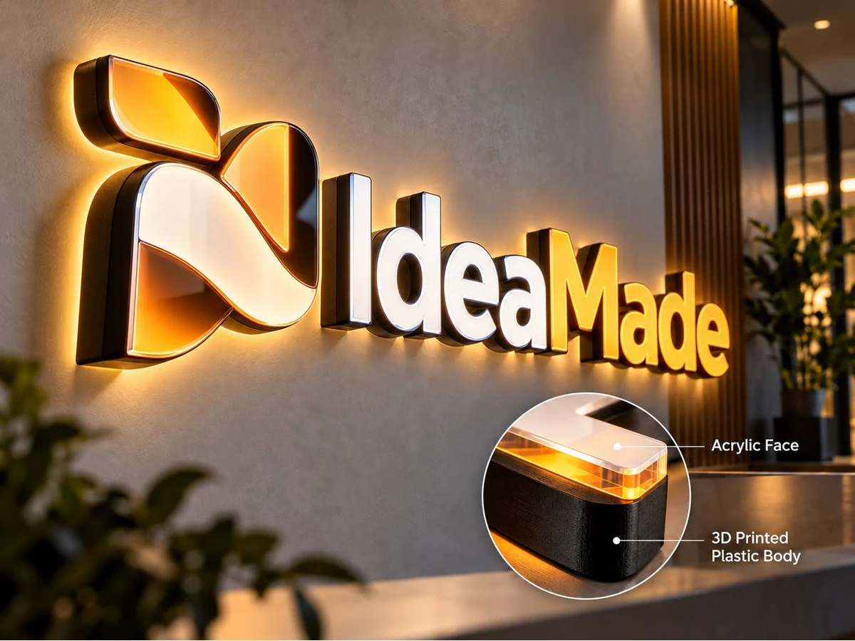 Dimensional logo sign with an illustrated acrylic face and 3D-printed body