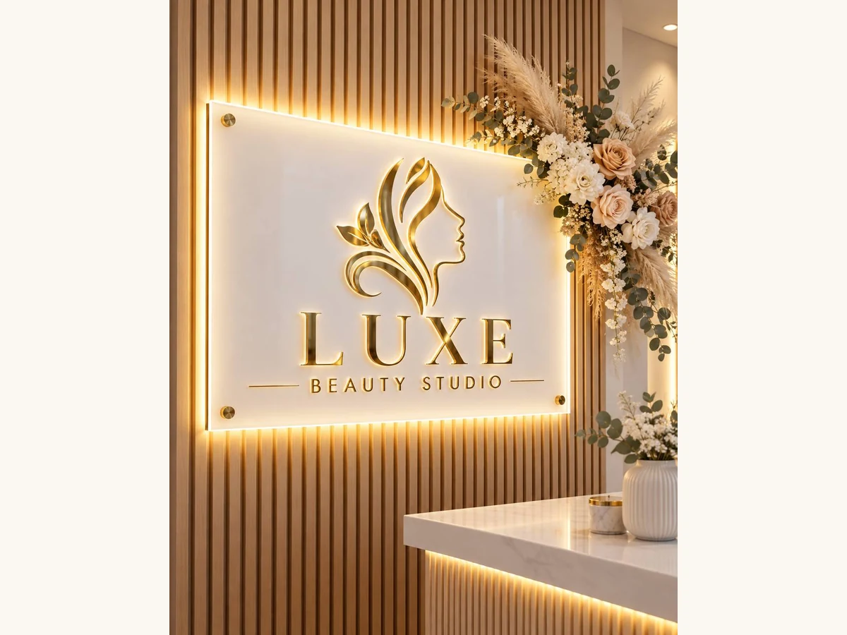 Raised gold logo on a white acrylic panel with warm backlighting