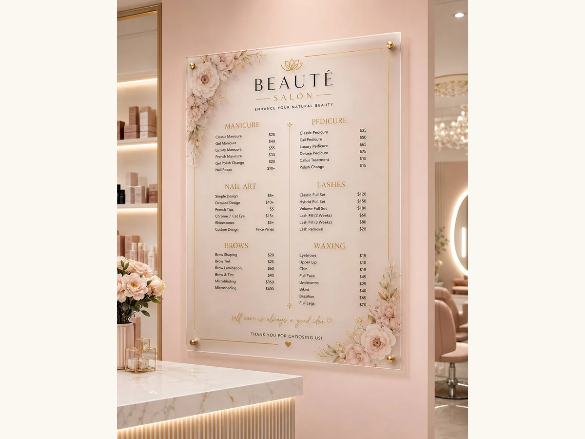 Salon menu board with corner standoffs
