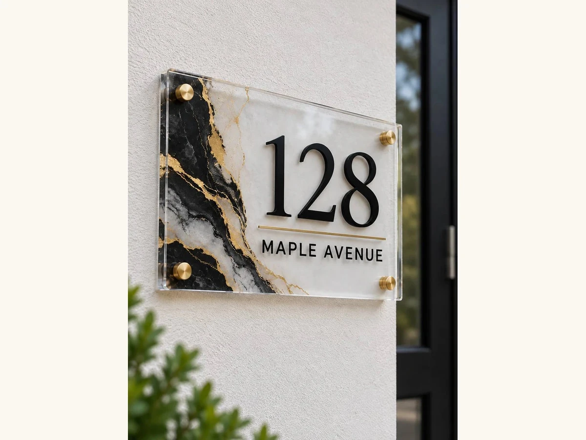 Acrylic address plaque with house number 128 and gold standoffs