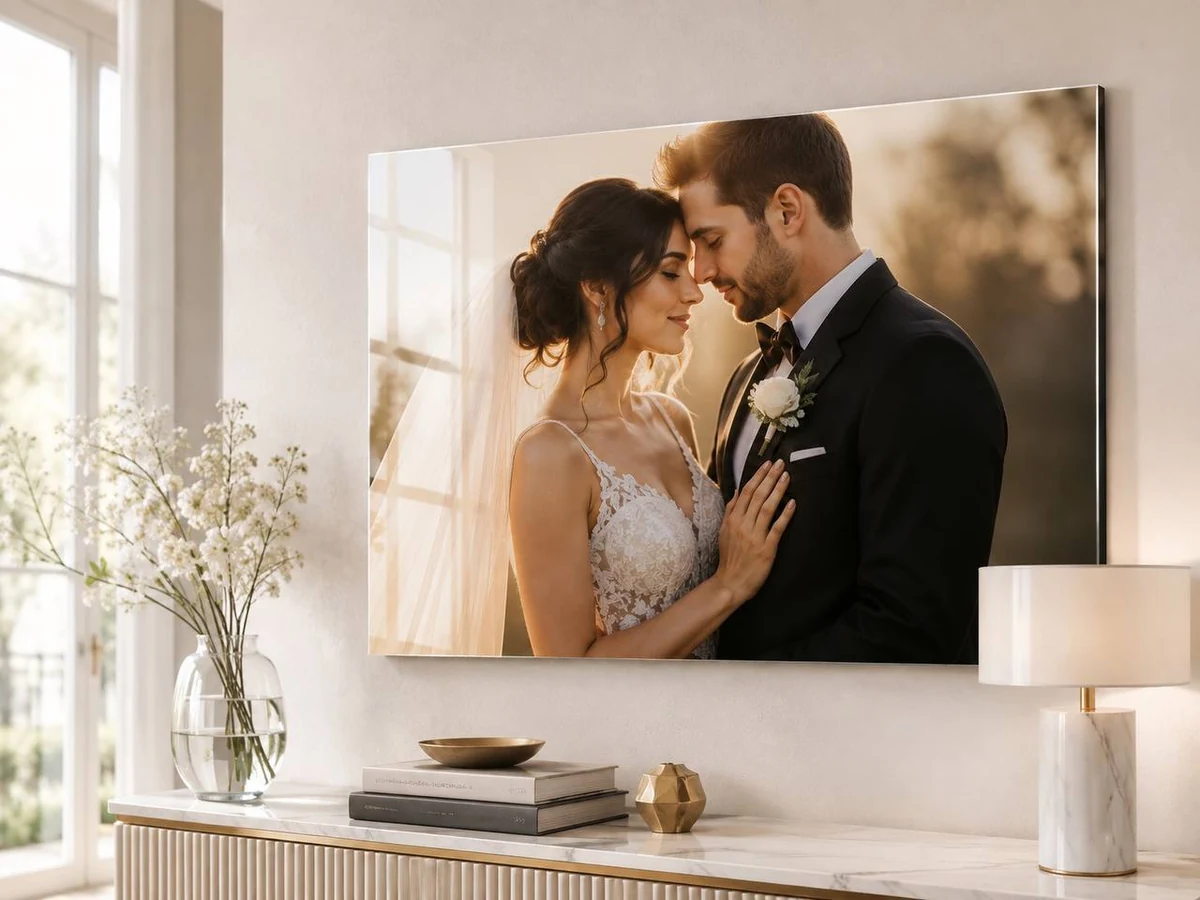 Personalized wedding photograph displayed on a wall